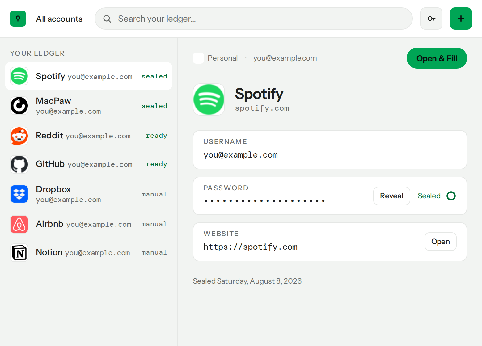 The Repass extension showing a list of accounts — Spotify, MacPaw, Reddit, GitHub, Dropbox — each marked sealed, ready or manual, with the selected entry's username, hidden password and website on the right.